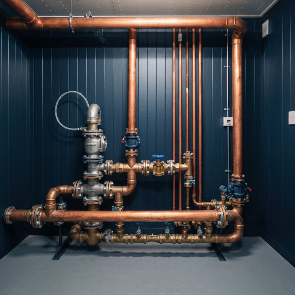 Commercial plumbing utility room with copper pipes